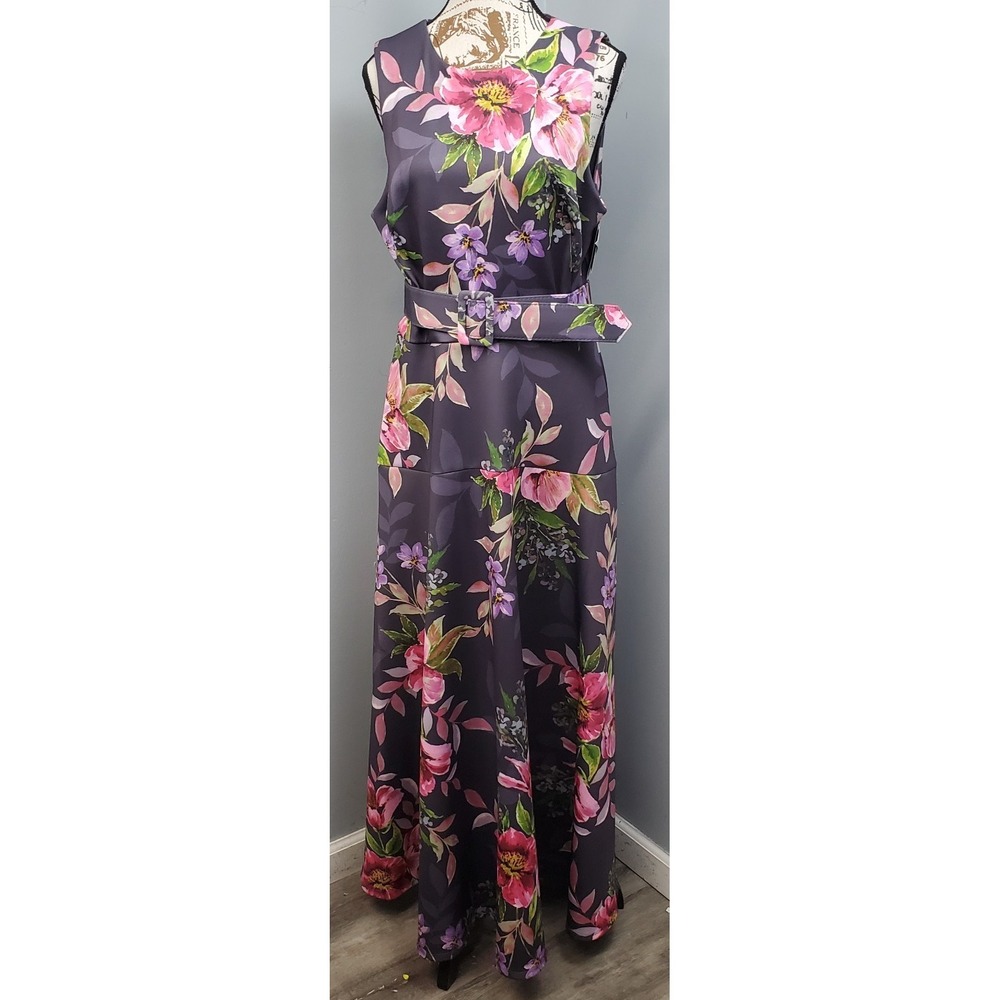 Melonie Maxi Dress Womens 16 Multi Floral Belted Waist Sleeveless Back Zip